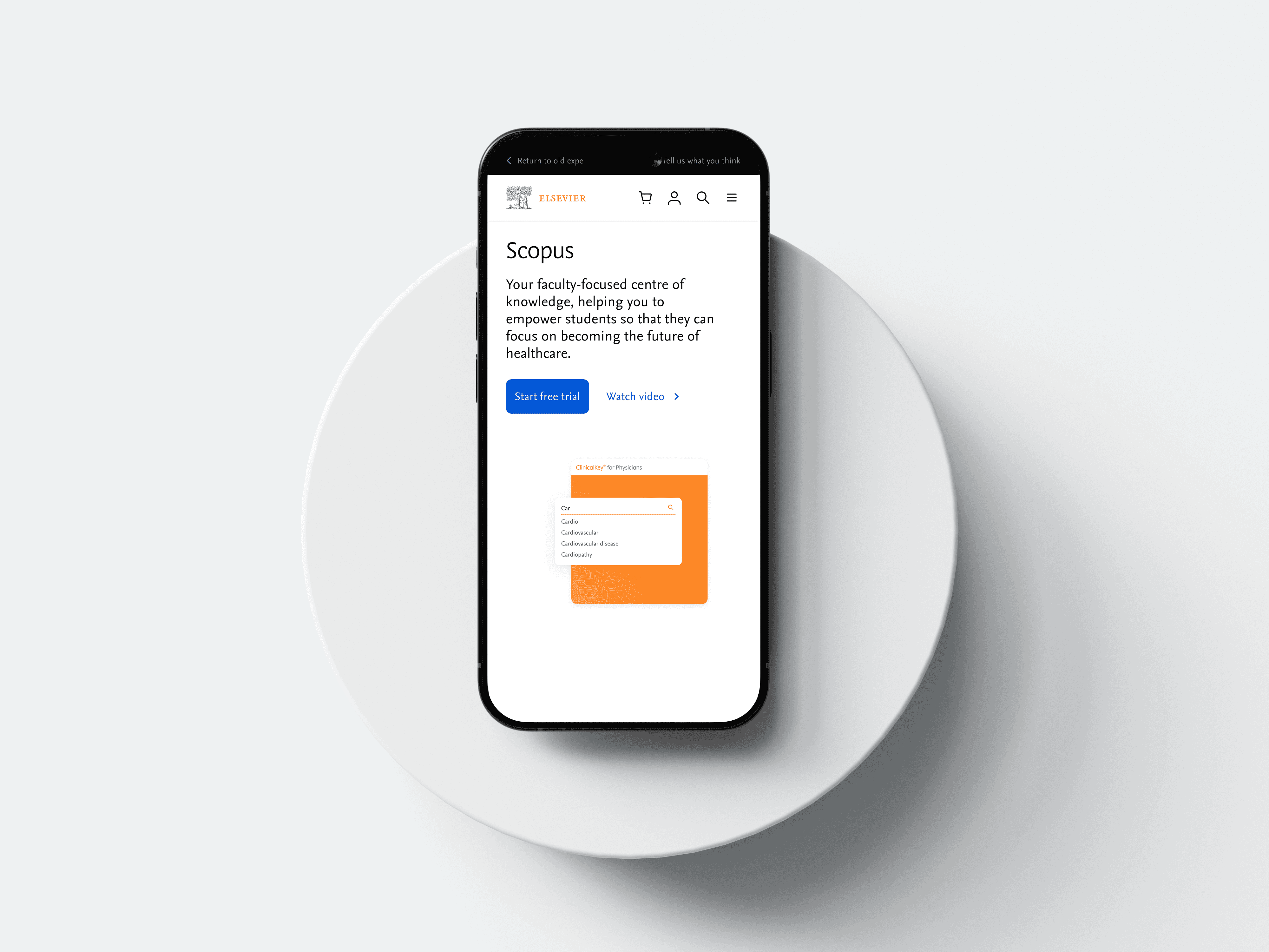 Mobile Elsevier product page with clear calls to action and a simplified product illustration.