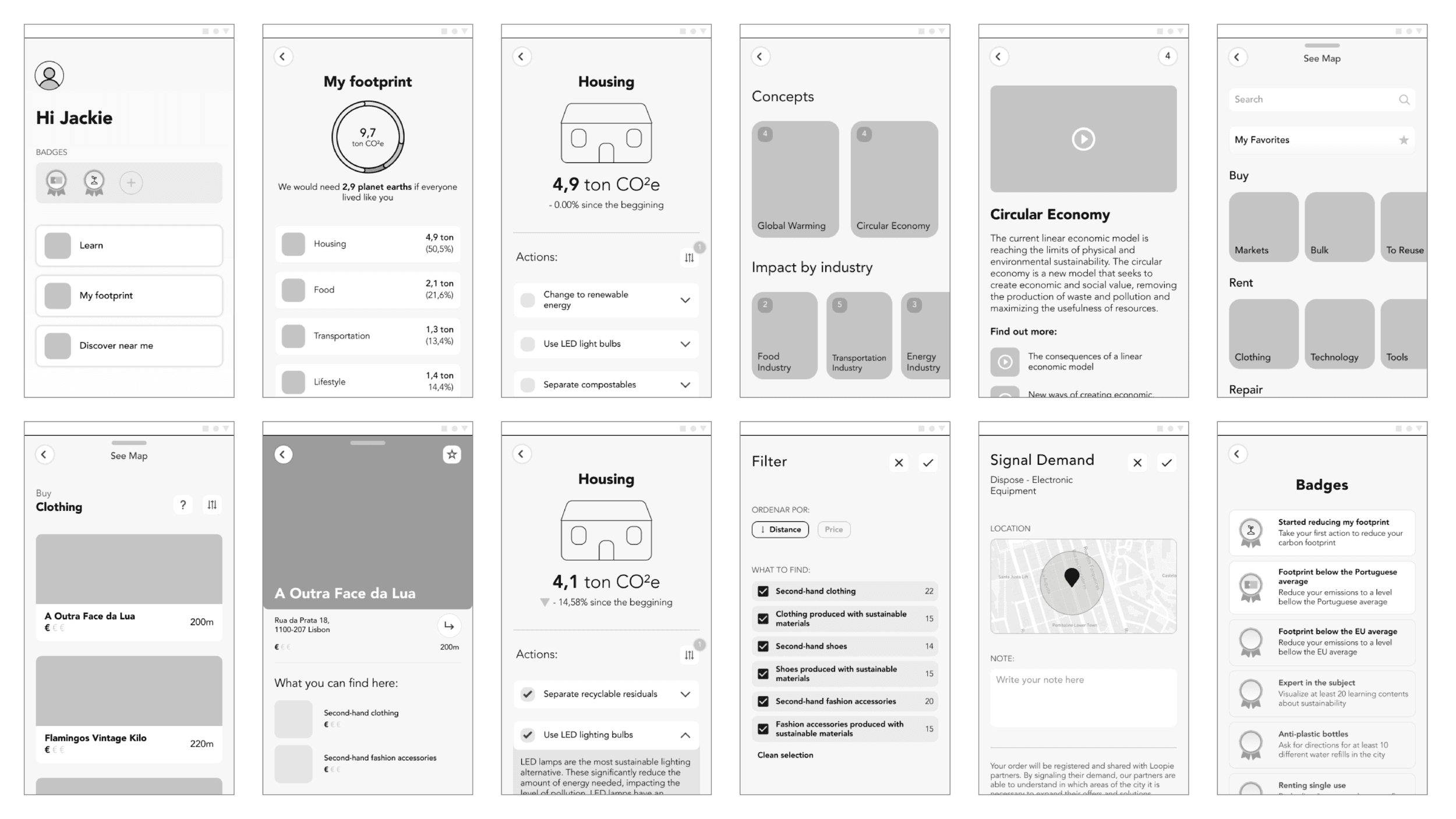Gloop wireframes exploring footprint tracking, sustainability lessons, nearby businesses, filters, and achievement badges.
