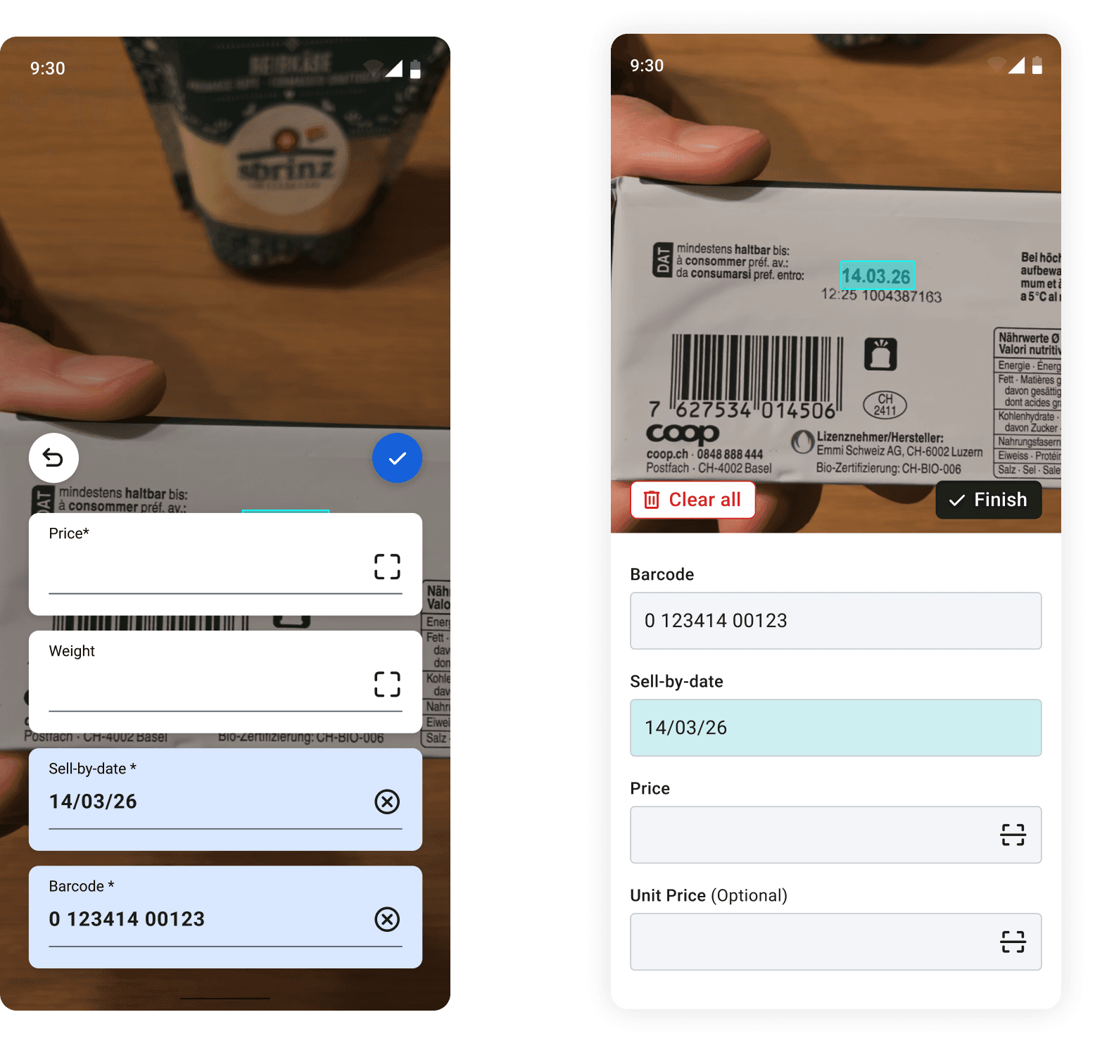 Before and after: captured fields move below the camera preview so users can compare them with the label.