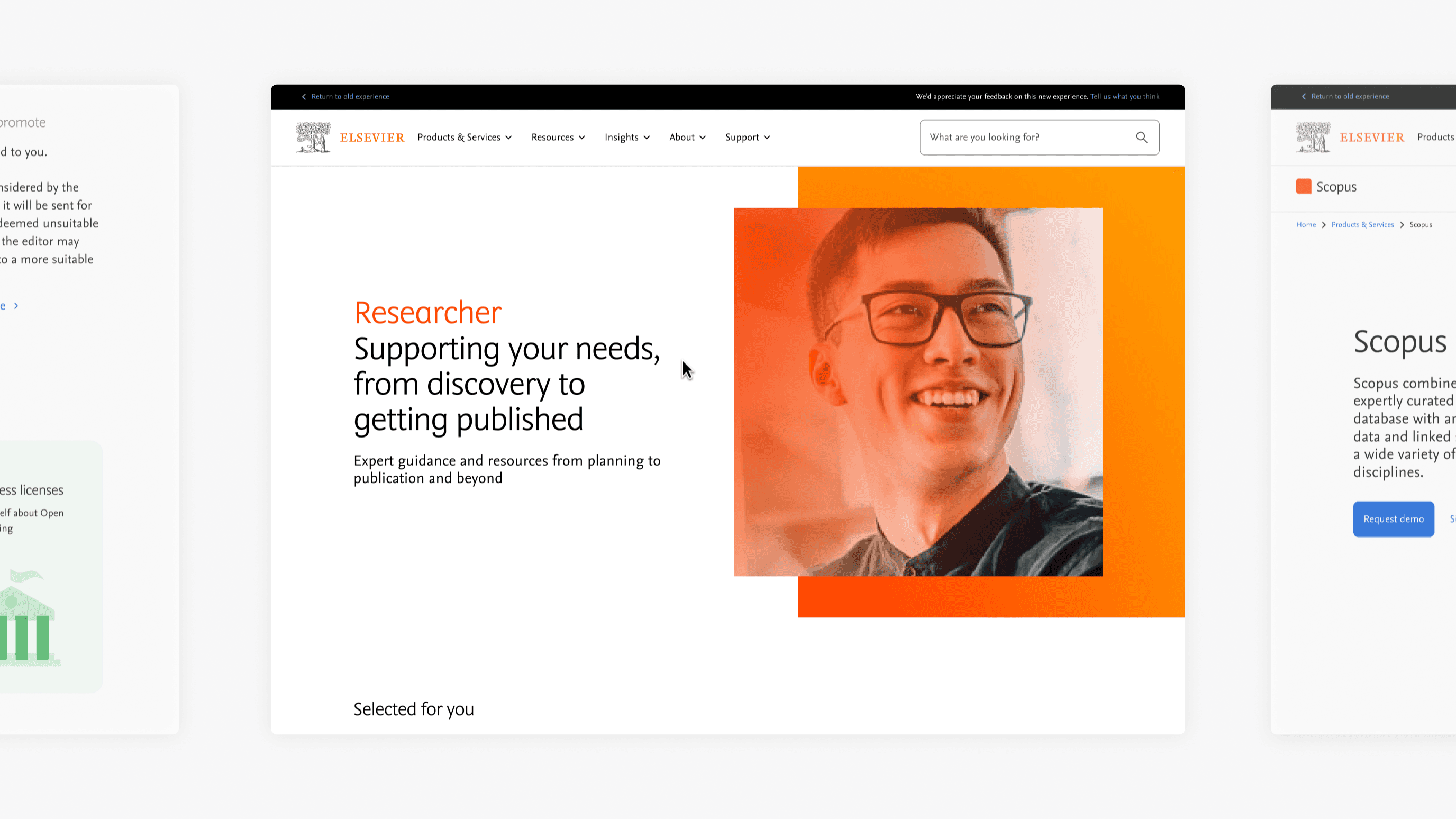 Redesigned Elsevier Researcher hub and related resource and product pages.