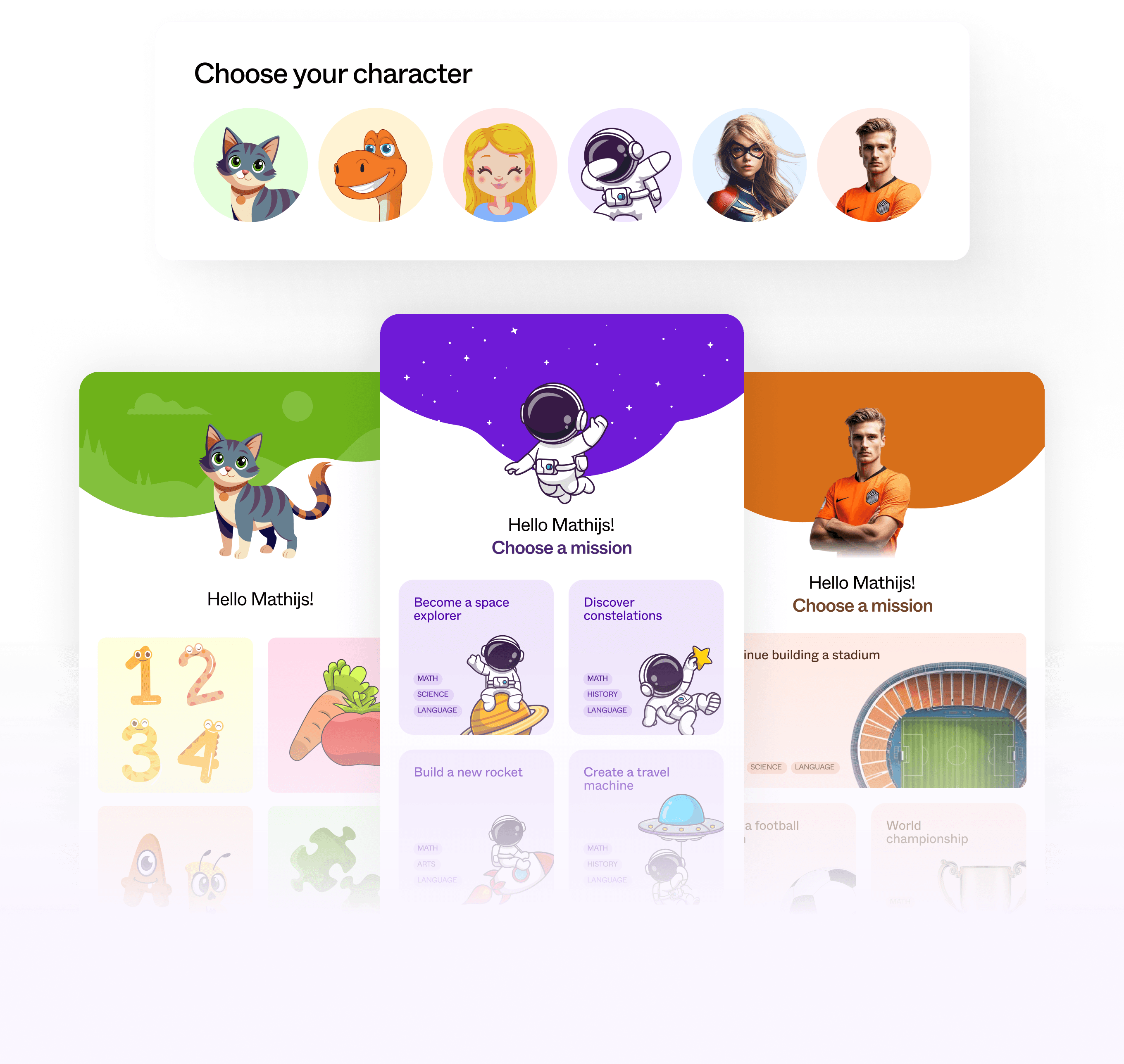 Squla character selection and learning themes adapt from playful animals to space adventures and football as children grow.