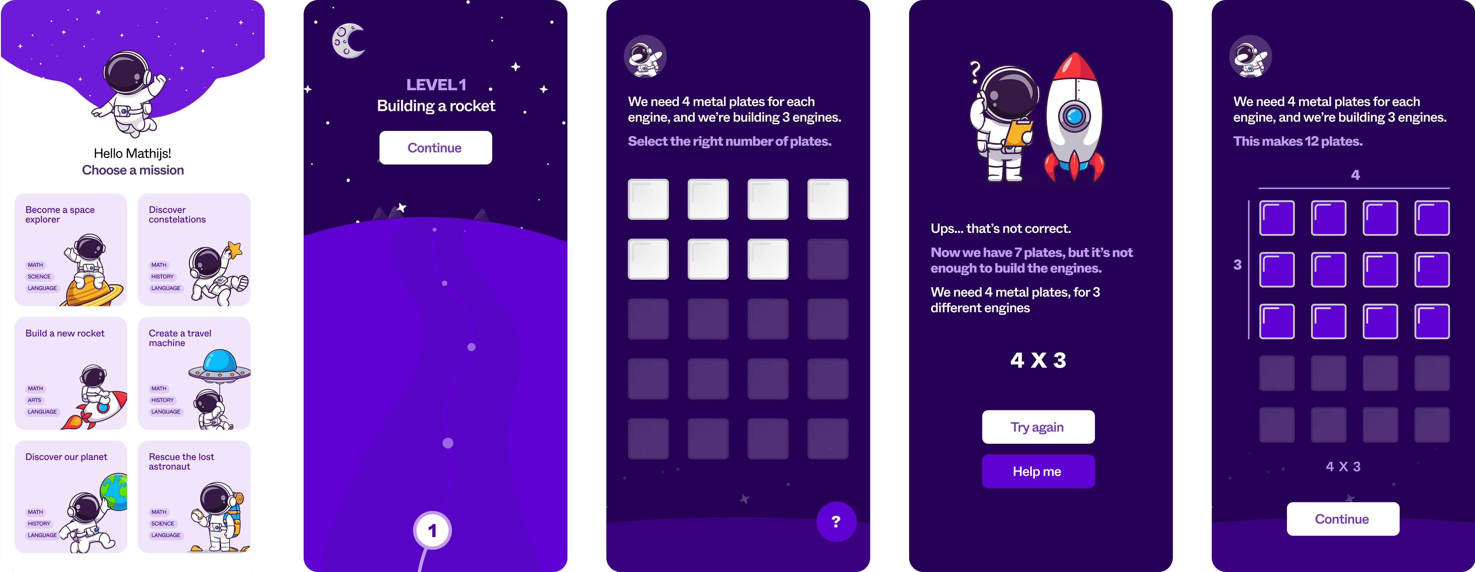 Squla space-adventure screens turn multiplication into a rocket-building mission with feedback and visual explanations.