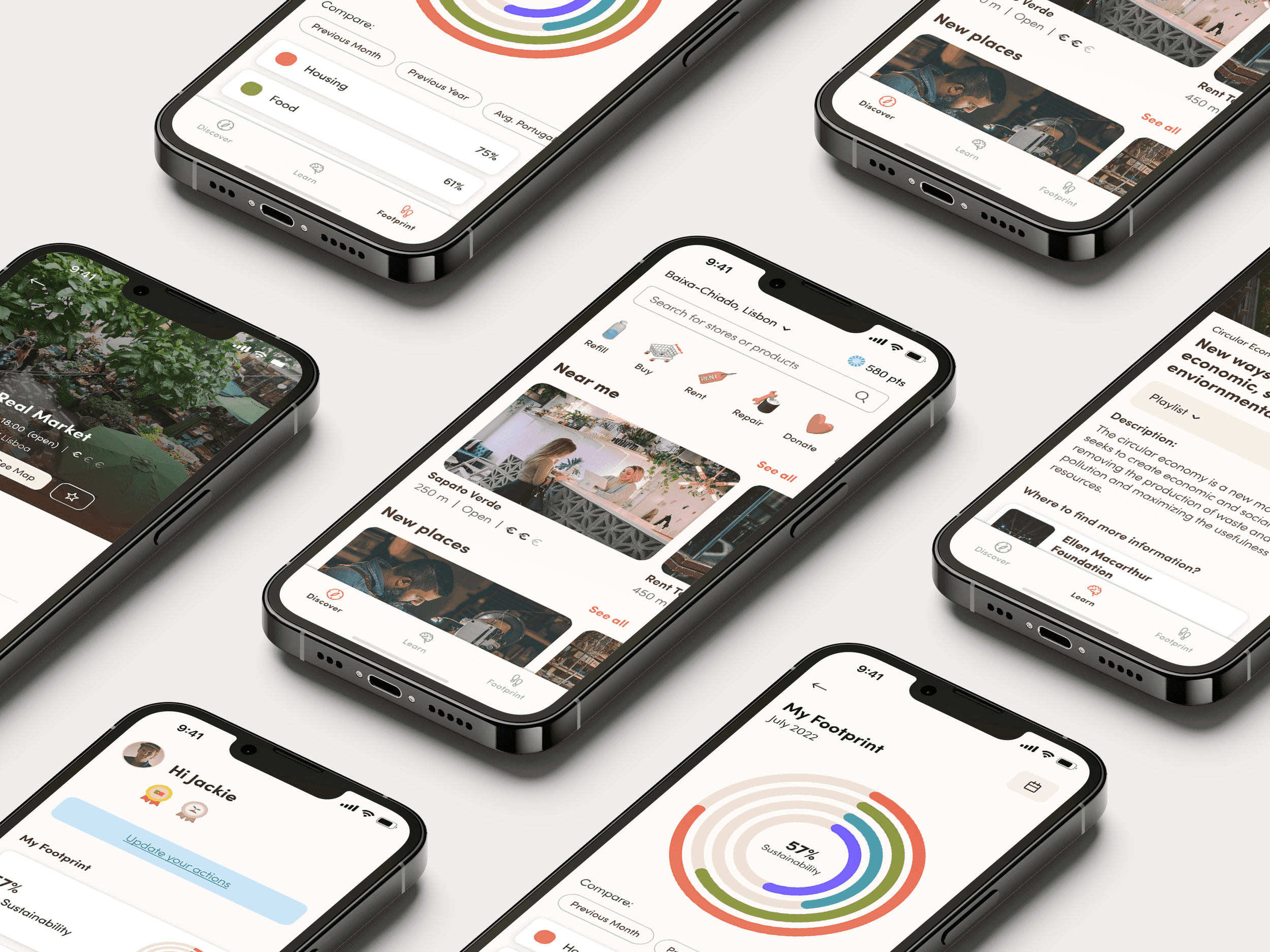 Gloop app screens for discovering nearby sustainable businesses, learning, tracking a footprint, and earning rewards.