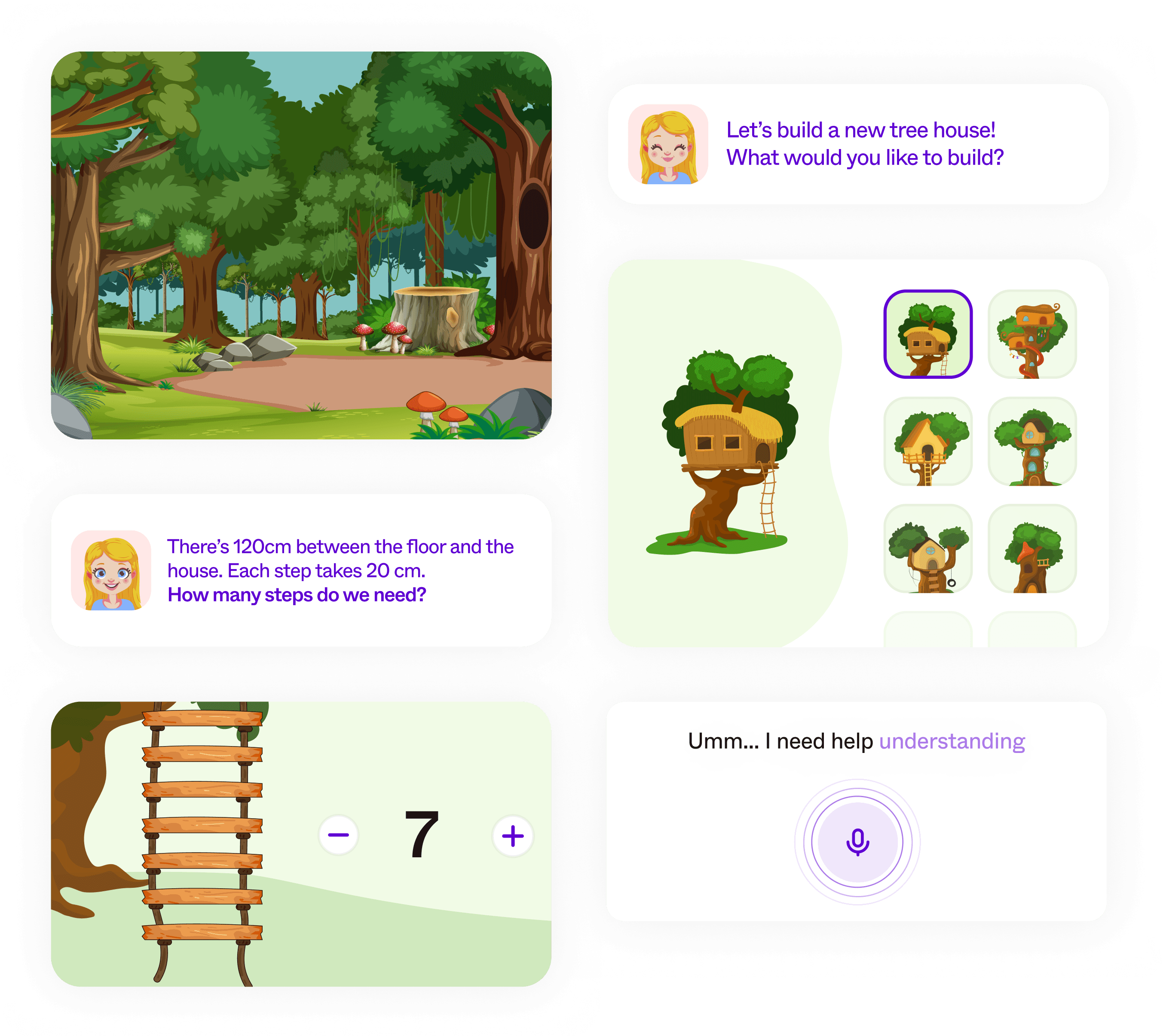 A treehouse-building game lets children choose a design, solve a ladder-step maths challenge, and ask for help by voice.